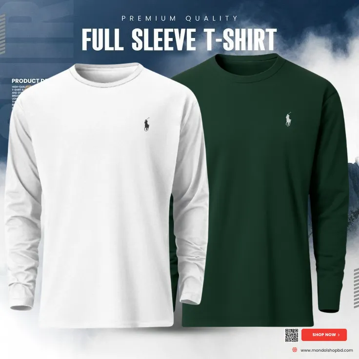 2 Pieces Premium Full Sleeve T-Shirt – White & Green