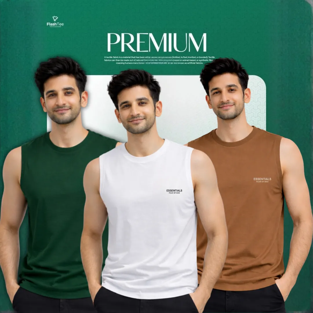 🔥 3 Pieces Sleeveless T-Shirt, Green & White & Brown কম্বো – বেশি নিন, কম খরচ করুন! 🔥