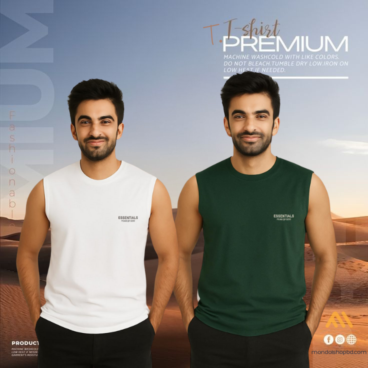 🔥 2 Pieces Sleeveless T-Shirt, White & Green  কম্বো – বেশি নিন, কম খরচ করুন! 🔥