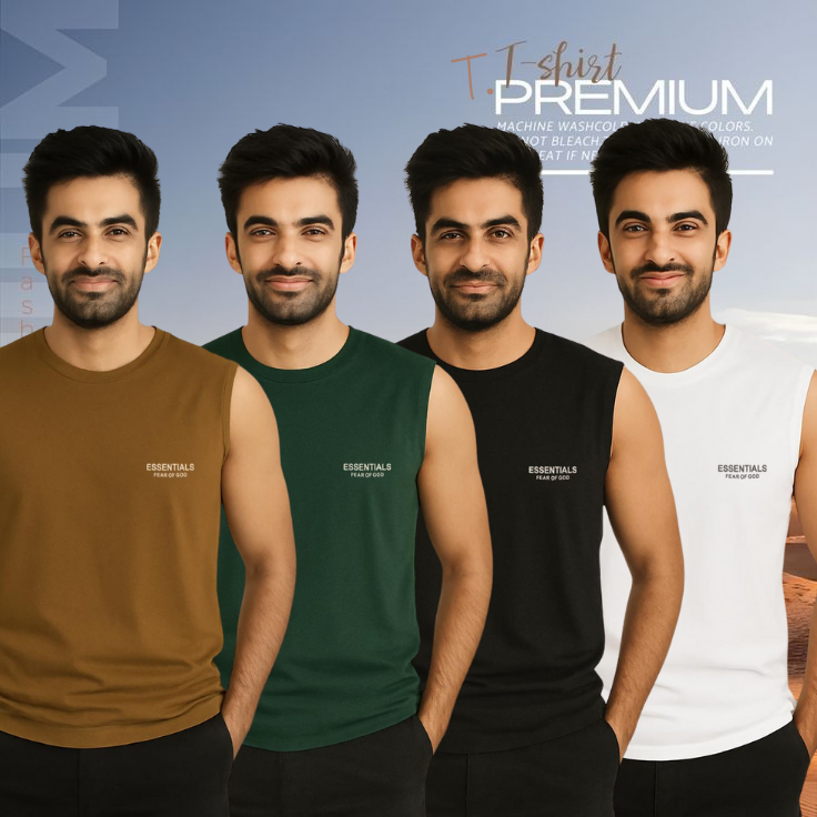 🔥 4 Pieces Sleeveless T-Shirt, Brown & Green & Black & White কম্বো – বেশি নিন, কম খরচ করুন! 🔥