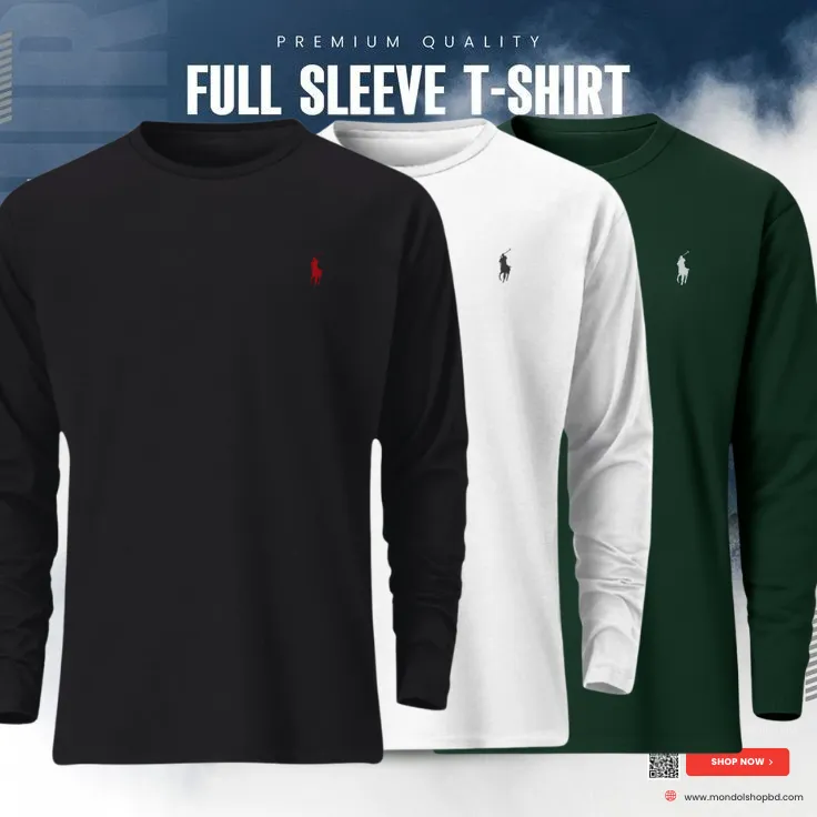3 Pieces  Premium Full Sleeve T-Shirt – Black & White & Green