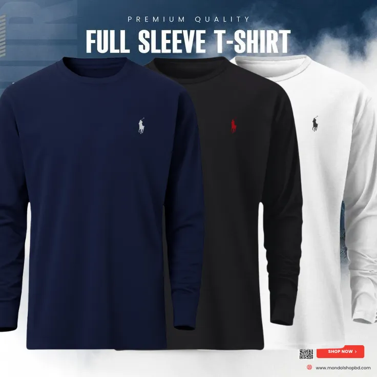 3 Pieces  Premium Full Sleeve T-Shirt – Navy Blue & Black & White