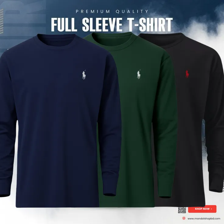 3 Pieces  Premium Full Sleeve T-Shirt – Navy Blue & Green & BLack