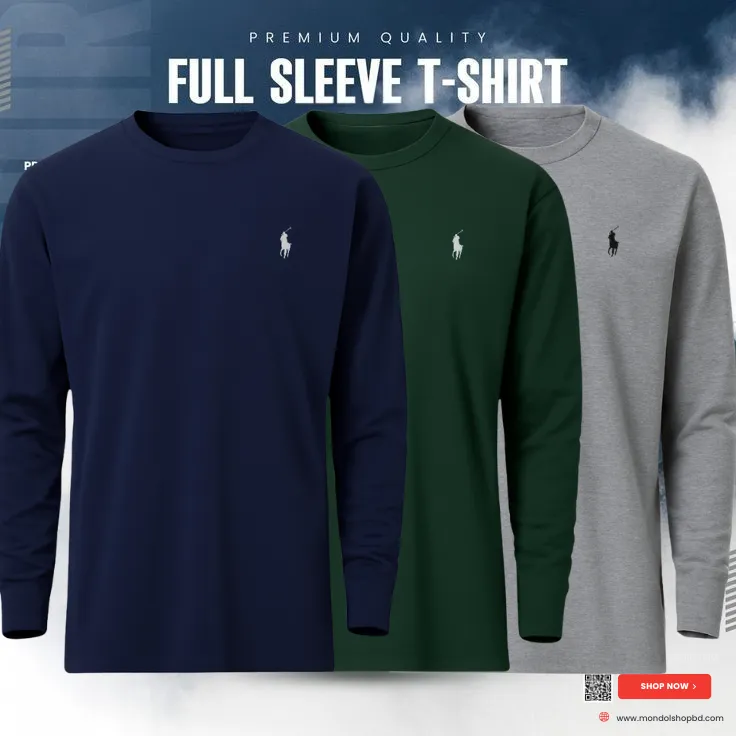 3 Pieces  Premium Full Sleeve T-Shirt – Navy Blue & Green & Gray